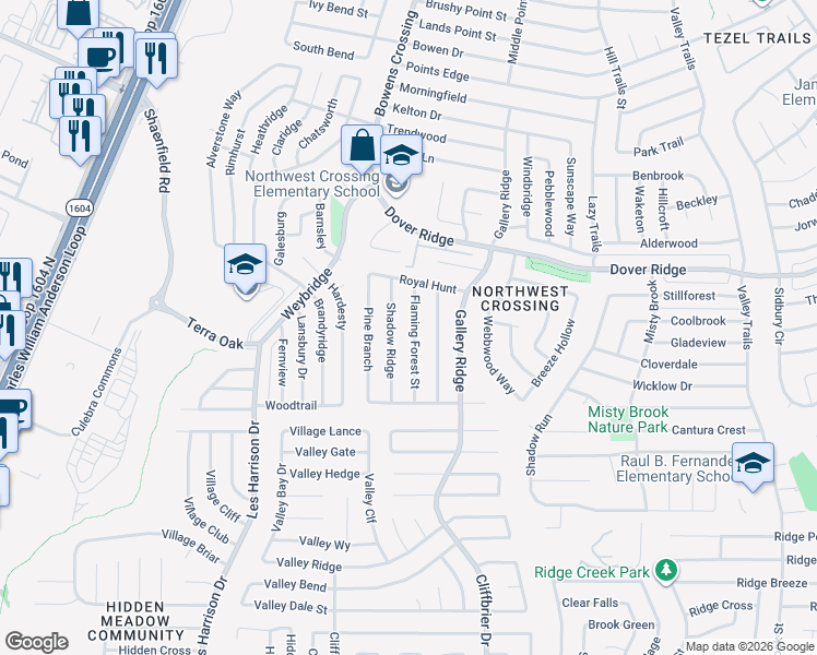 map of restaurants, bars, coffee shops, grocery stores, and more near 7243 Flaming Forest Street in San Antonio