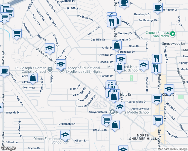map of restaurants, bars, coffee shops, grocery stores, and more near 1207 Jackson Keller Road in San Antonio