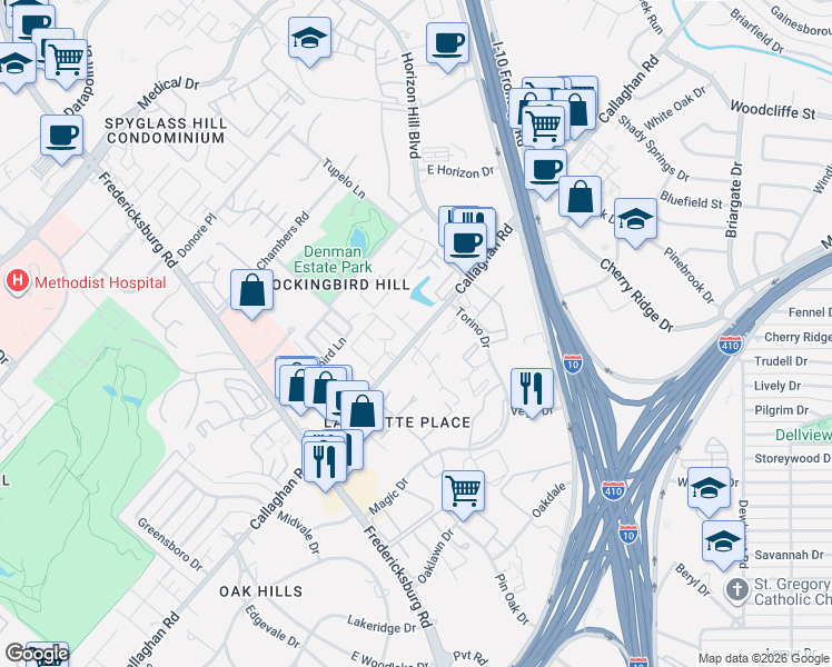 map of restaurants, bars, coffee shops, grocery stores, and more near 7711 Callaghan Road in San Antonio