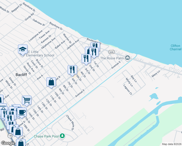 map of restaurants, bars, coffee shops, grocery stores, and more near 4734 3rd Street in Bacliff