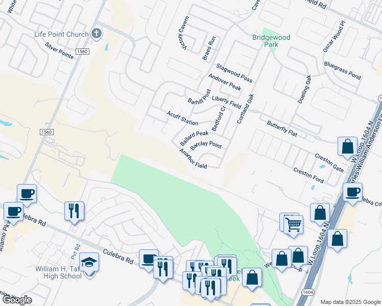 map of restaurants, bars, coffee shops, grocery stores, and more near 11111 Anarbor Field in San Antonio