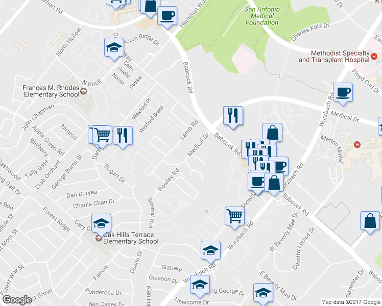 map of restaurants, bars, coffee shops, grocery stores, and more near Medical Drive in San Antonio