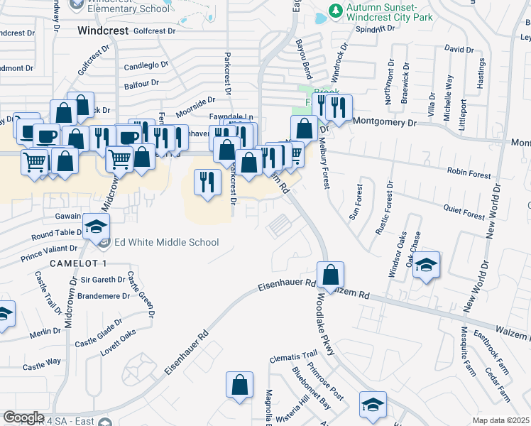 map of restaurants, bars, coffee shops, grocery stores, and more near 6110 Walzem Road in San Antonio