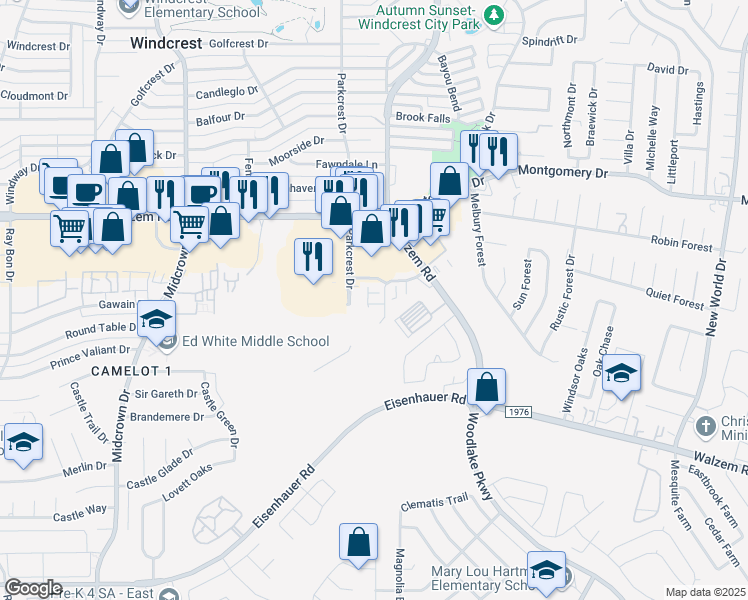 map of restaurants, bars, coffee shops, grocery stores, and more near Parkcrest Drive in San Antonio
