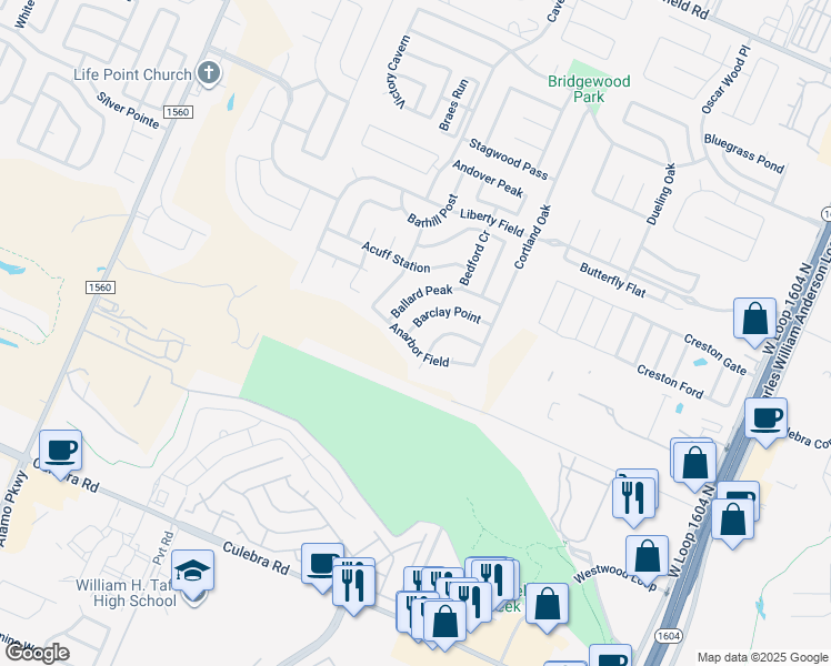 map of restaurants, bars, coffee shops, grocery stores, and more near 11111 Anarbor Field in San Antonio
