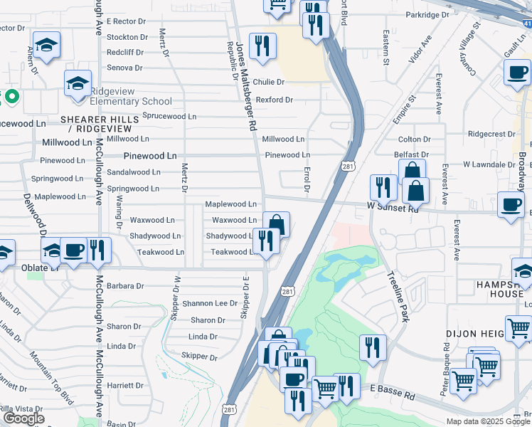 map of restaurants, bars, coffee shops, grocery stores, and more near 7820 Jones Maltsberger Road in San Antonio