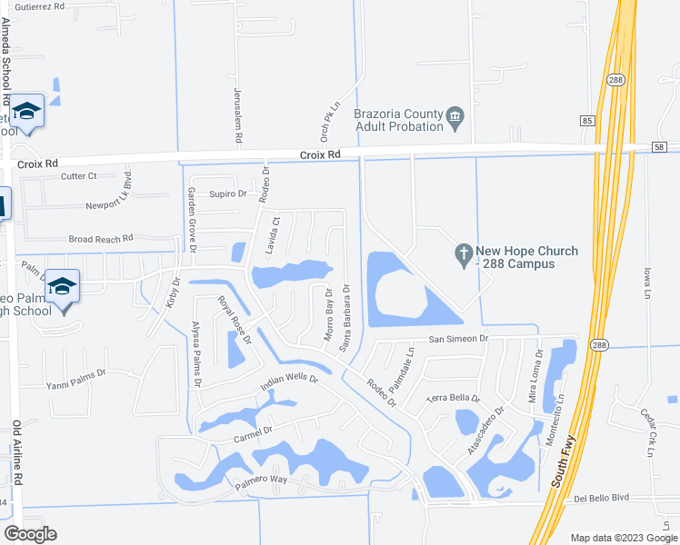 map of restaurants, bars, coffee shops, grocery stores, and more near 51 Santa Barbara Drive in Manvel