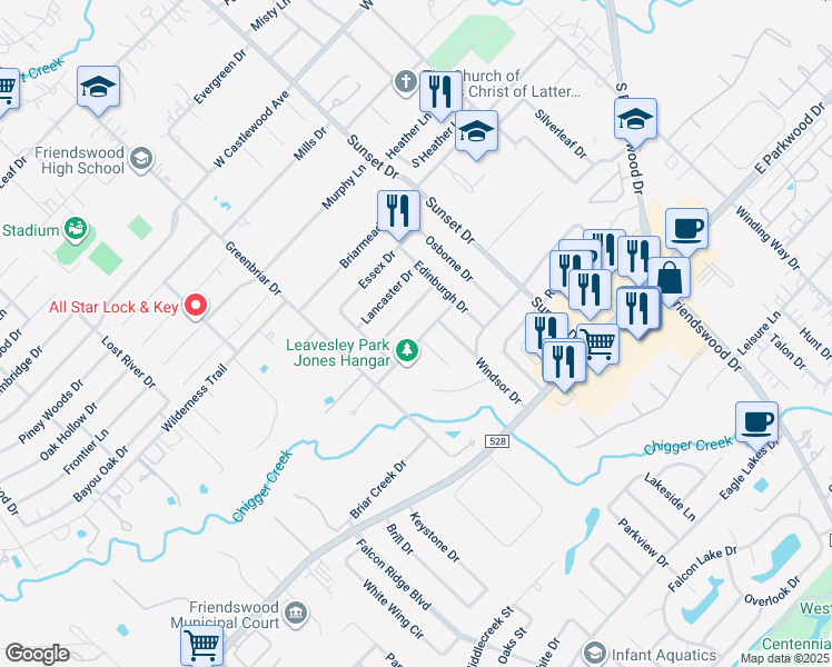 map of restaurants, bars, coffee shops, grocery stores, and more near 1403 Hampton Court in Friendswood