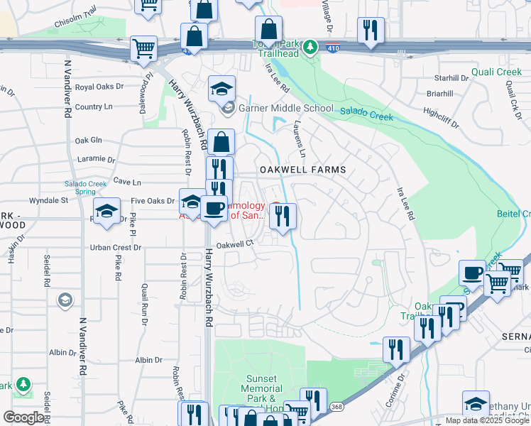 map of restaurants, bars, coffee shops, grocery stores, and more near 3333 Oakwell Court in San Antonio