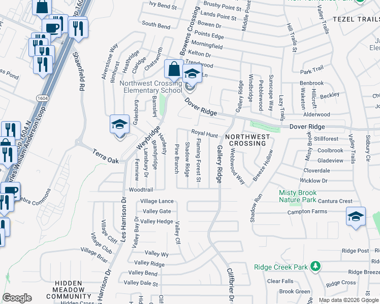 map of restaurants, bars, coffee shops, grocery stores, and more near 7243 Flaming Forest Street in San Antonio