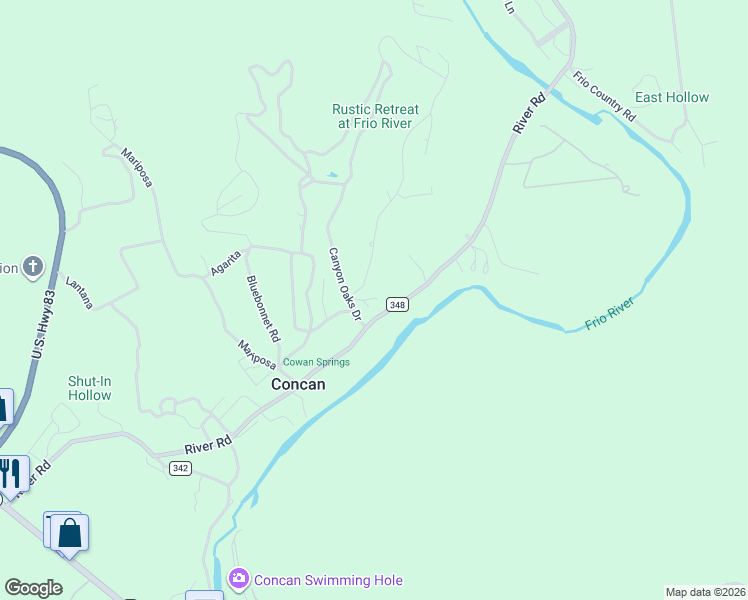map of restaurants, bars, coffee shops, grocery stores, and more near 186 Cat Claw Mountain Road in Concan