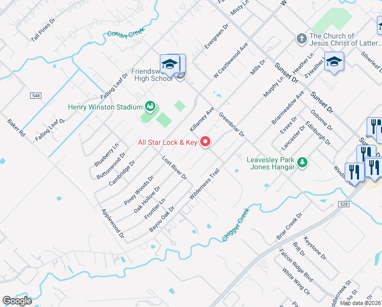 map of restaurants, bars, coffee shops, grocery stores, and more near 1110 Tipperary Avenue in Friendswood