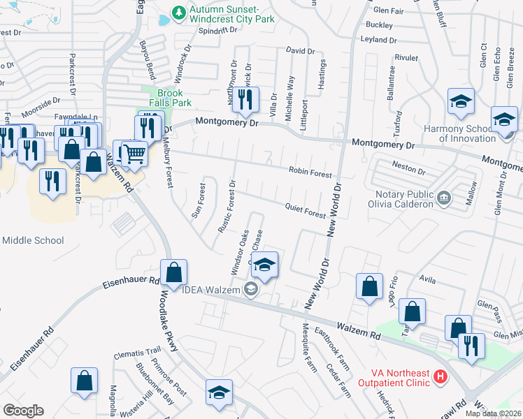 map of restaurants, bars, coffee shops, grocery stores, and more near 6324 Quiet Forest in San Antonio