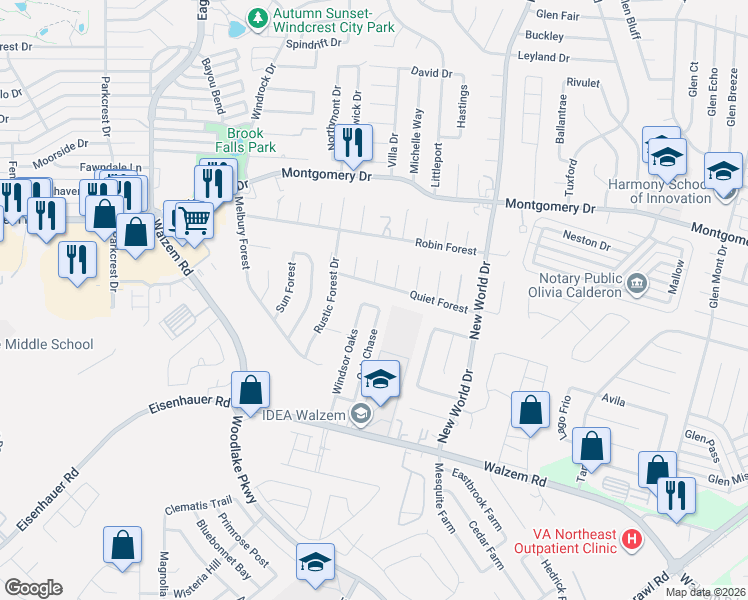 map of restaurants, bars, coffee shops, grocery stores, and more near 6324 Quiet Forest in San Antonio