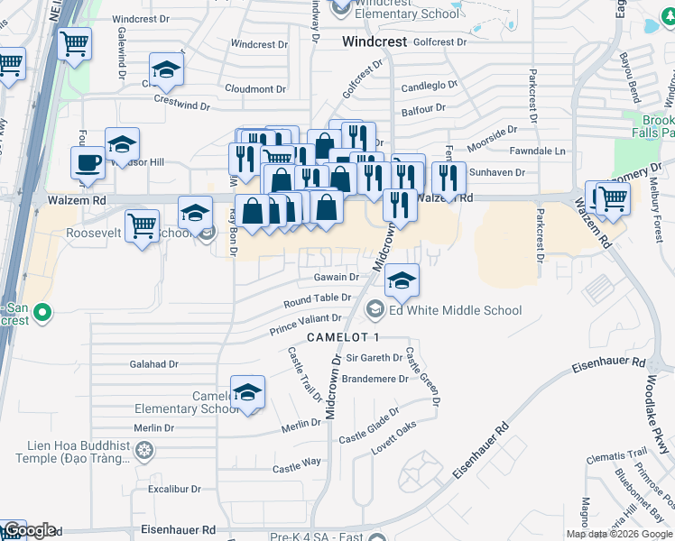 map of restaurants, bars, coffee shops, grocery stores, and more near 5315 Gawain Drive in San Antonio