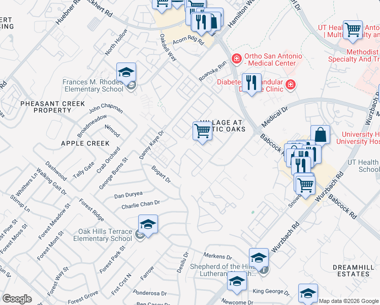 map of restaurants, bars, coffee shops, grocery stores, and more near 7221 Lamb Road in San Antonio