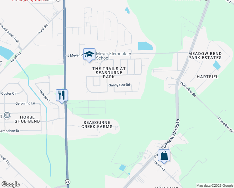 map of restaurants, bars, coffee shops, grocery stores, and more near 2234 Sandy Sea Road in Rosenberg