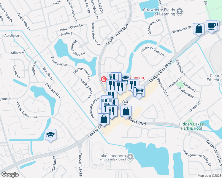 map of restaurants, bars, coffee shops, grocery stores, and more near 2640 East League City Parkway in League City
