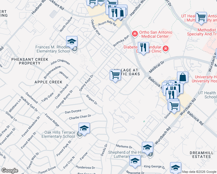 map of restaurants, bars, coffee shops, grocery stores, and more near 7221 Lamb Road in San Antonio