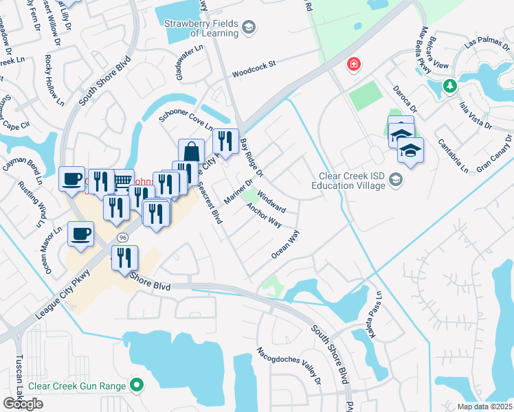 map of restaurants, bars, coffee shops, grocery stores, and more near 310 Anchor Way in League City