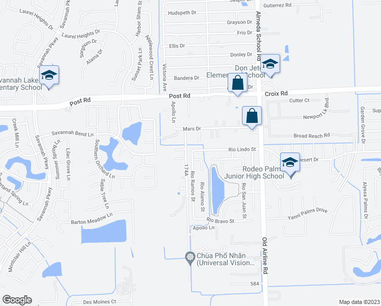 map of restaurants, bars, coffee shops, grocery stores, and more near 5304 Rio Ramos Street in Rosharon