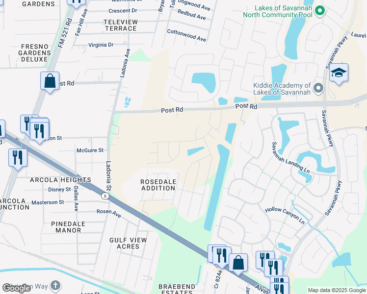 map of restaurants, bars, coffee shops, grocery stores, and more near 1010 Post Street in Rosharon