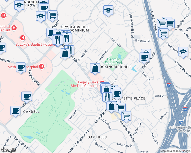 map of restaurants, bars, coffee shops, grocery stores, and more near 5430 Fredericksburg Road in San Antonio