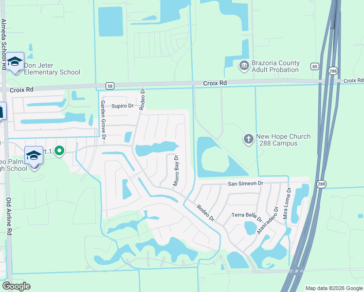 map of restaurants, bars, coffee shops, grocery stores, and more near 53 Santa Barbara Drive in Manvel