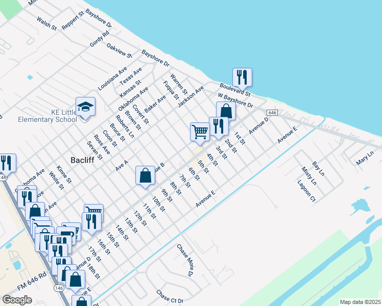map of restaurants, bars, coffee shops, grocery stores, and more near 4504 4th Street in Bacliff
