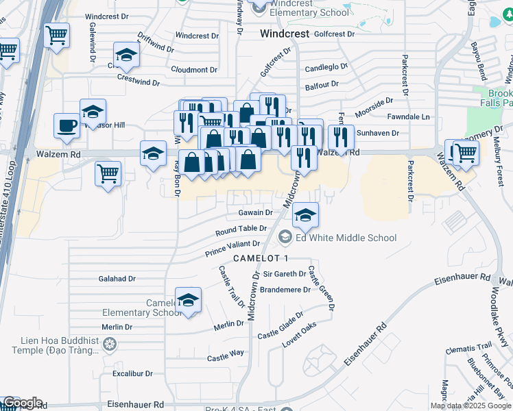 map of restaurants, bars, coffee shops, grocery stores, and more near 5315 Gawain Drive in San Antonio