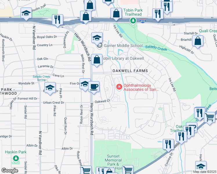 map of restaurants, bars, coffee shops, grocery stores, and more near 3333 Oakwell Court in San Antonio