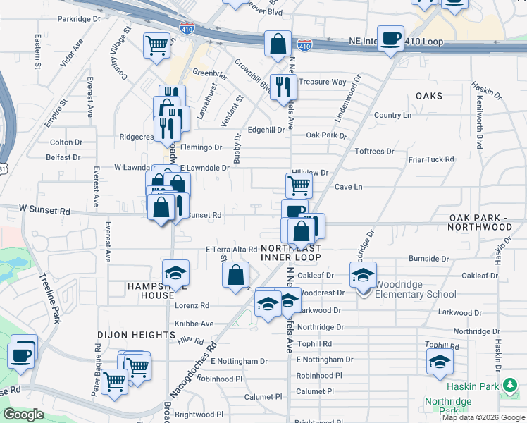 map of restaurants, bars, coffee shops, grocery stores, and more near 74 Camellia Way in San Antonio