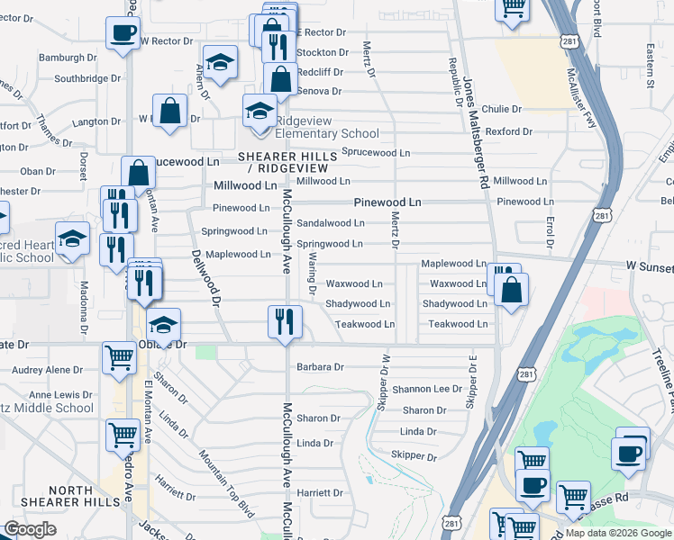 map of restaurants, bars, coffee shops, grocery stores, and more near 323 Maplewood Lane in San Antonio