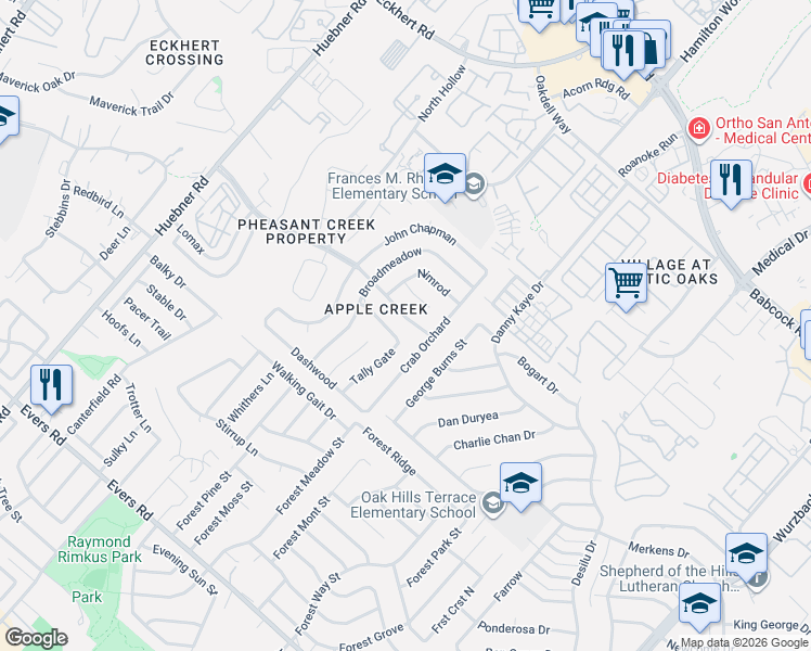 map of restaurants, bars, coffee shops, grocery stores, and more near 7715 Red Hill Place in San Antonio