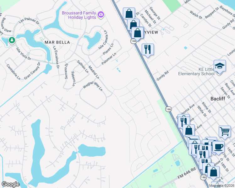 map of restaurants, bars, coffee shops, grocery stores, and more near 3520 Texas 146 in Bacliff