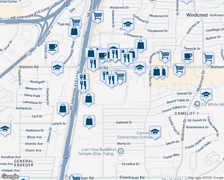 map of restaurants, bars, coffee shops, grocery stores, and more near 1 Fanatical Place in Windcrest