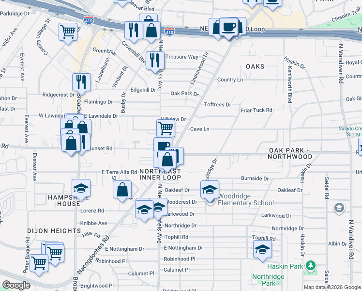 map of restaurants, bars, coffee shops, grocery stores, and more near 1942 Nacogdoches Road in San Antonio