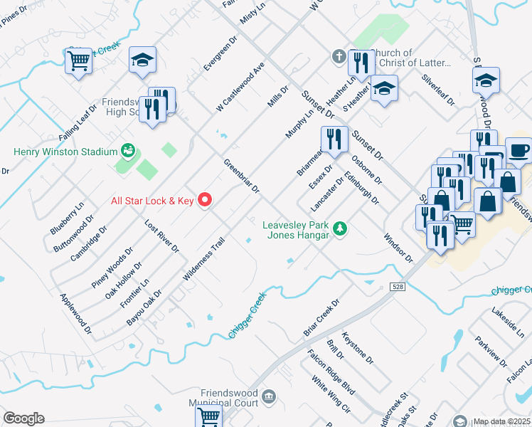 map of restaurants, bars, coffee shops, grocery stores, and more near 1201 Greenbriar Drive in Friendswood