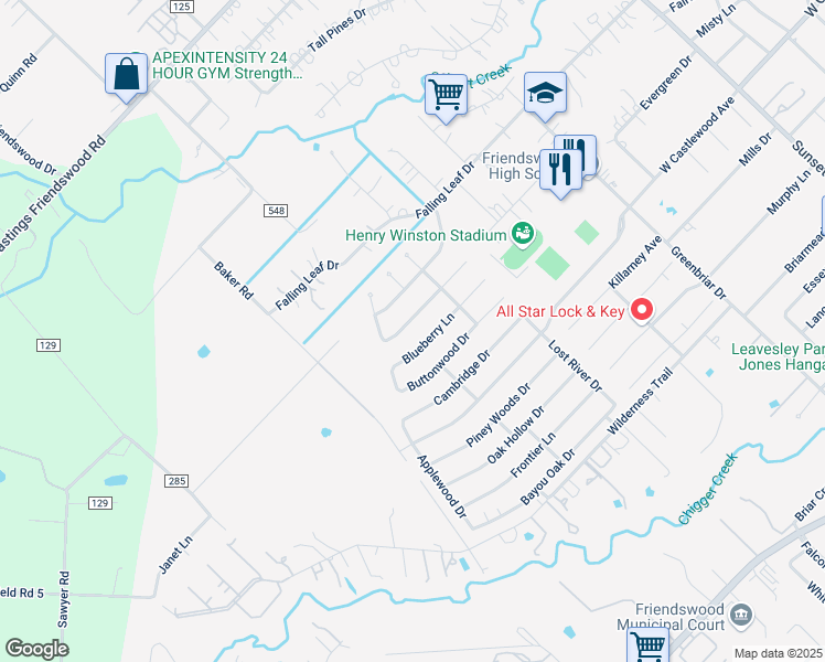 map of restaurants, bars, coffee shops, grocery stores, and more near 1402 Beechwood Drive in Friendswood