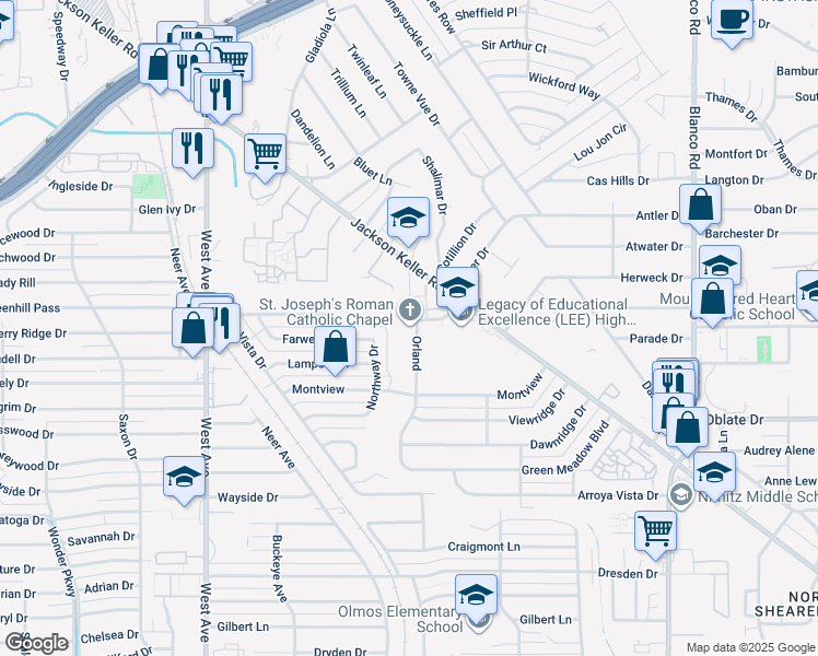 map of restaurants, bars, coffee shops, grocery stores, and more near 7815 Orland in San Antonio