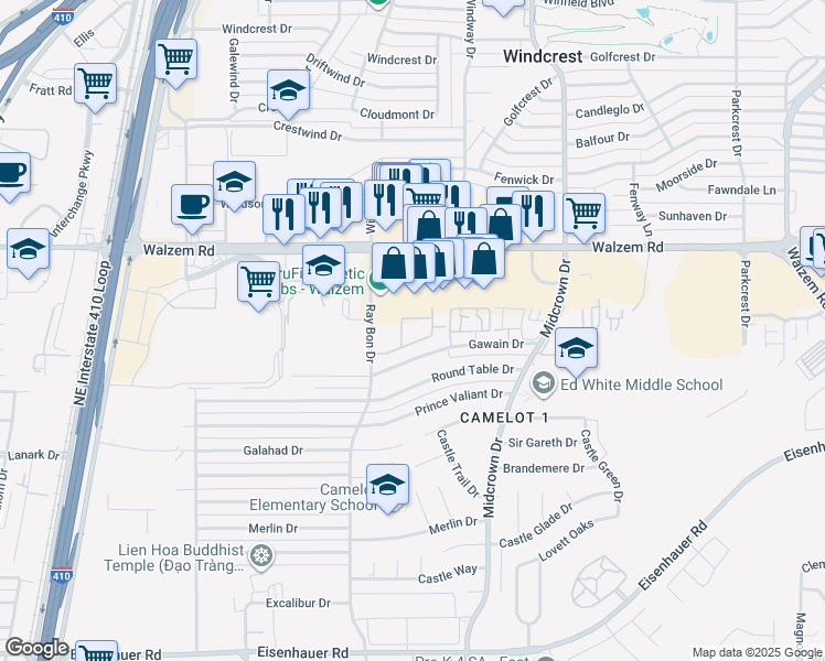 map of restaurants, bars, coffee shops, grocery stores, and more near 7914 Ray Bon Drive in San Antonio