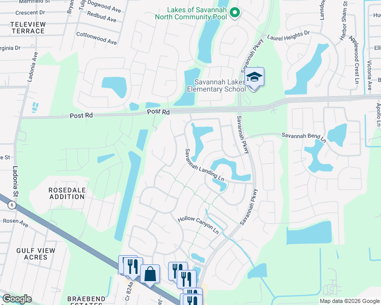 map of restaurants, bars, coffee shops, grocery stores, and more near 14001 Savannah Landing Lane in Rosharon