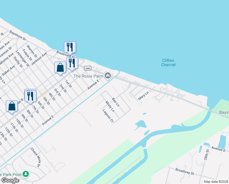 map of restaurants, bars, coffee shops, grocery stores, and more near 5023 Gulf Stream Lane in Bacliff