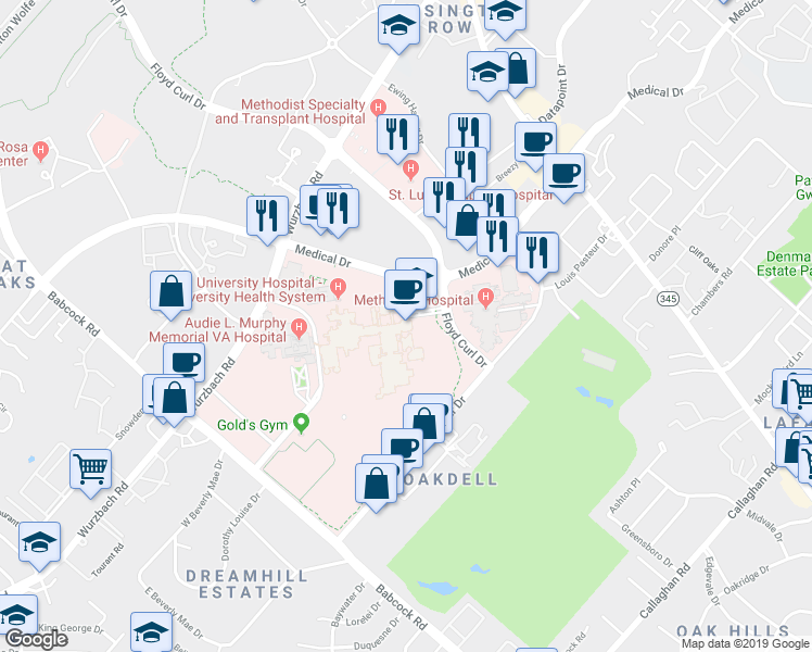 map of restaurants, bars, coffee shops, grocery stores, and more near 7703 Floyd Curl Drive in San Antonio