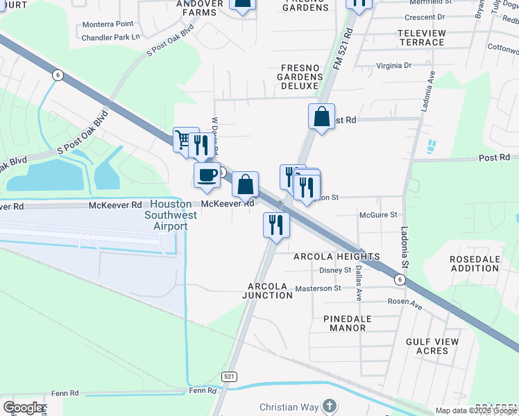 map of restaurants, bars, coffee shops, grocery stores, and more near 133 McKeever Road in Arcola