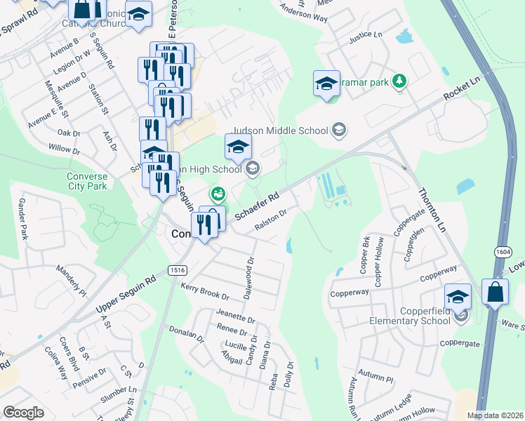 map of restaurants, bars, coffee shops, grocery stores, and more near 9402 Schaefer Road in Converse