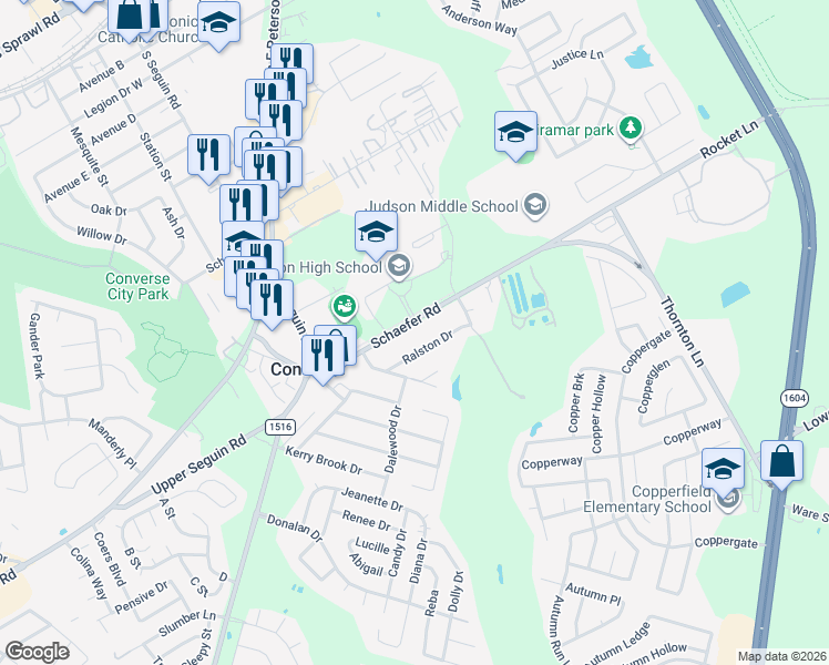 map of restaurants, bars, coffee shops, grocery stores, and more near 9402 Schaefer Road in Converse