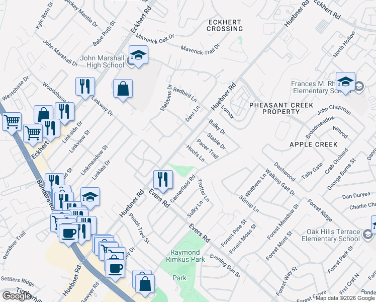 map of restaurants, bars, coffee shops, grocery stores, and more near 6438 Pacer Trail in San Antonio