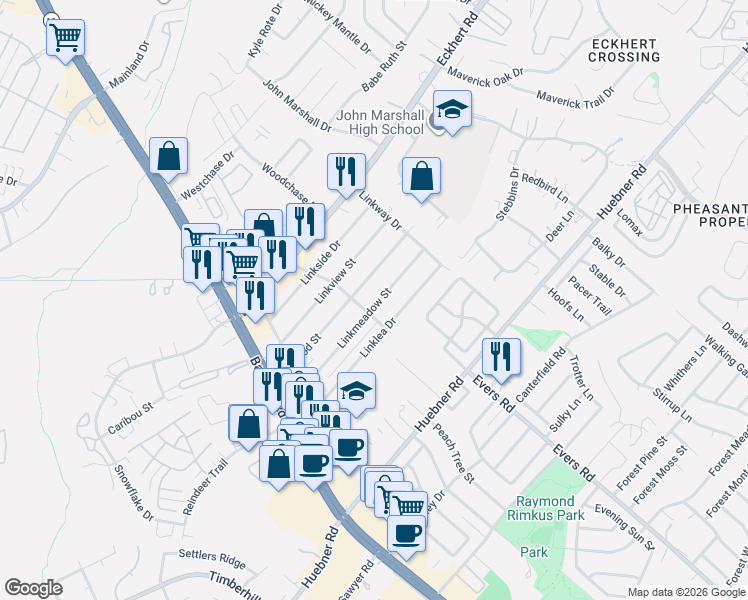 map of restaurants, bars, coffee shops, grocery stores, and more near 7525 Linkmeadow Street in San Antonio