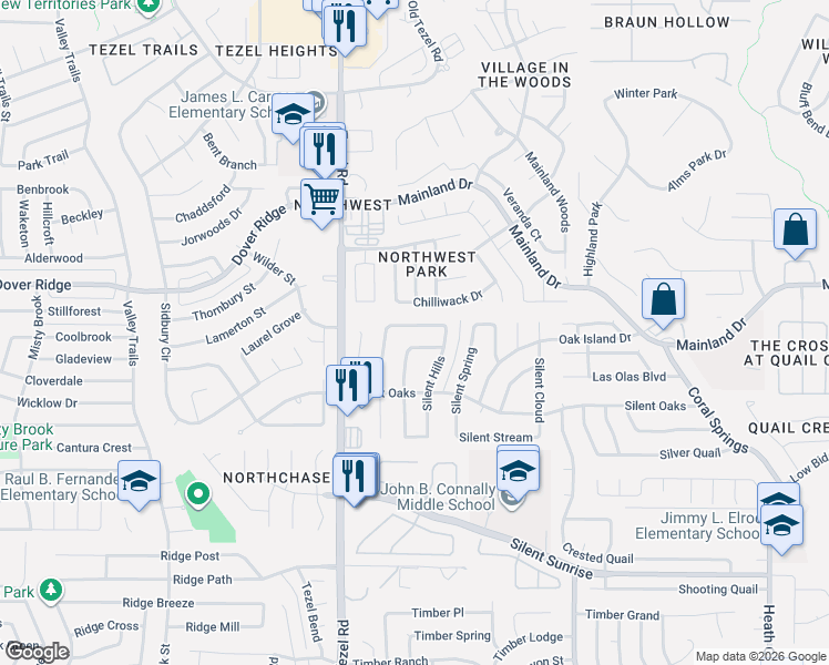 map of restaurants, bars, coffee shops, grocery stores, and more near 8927 Silent Wind in San Antonio